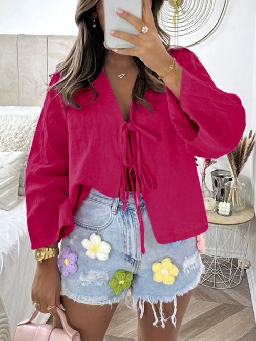 INAWLY Women's Solid Color Front Tie Long Sleeve Casual Blouse Women Shirt
