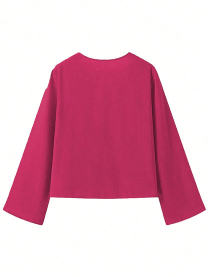INAWLY Women's Solid Color Front Tie Long Sleeve Casual Blouse Women Shirt