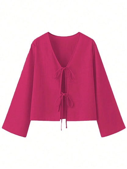 INAWLY Women's Solid Color Front Tie Long Sleeve Casual Blouse Women Shirt