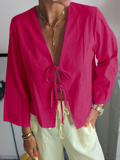 INAWLY Women's Solid Color Front Tie Long Sleeve Casual Blouse Women Shirt