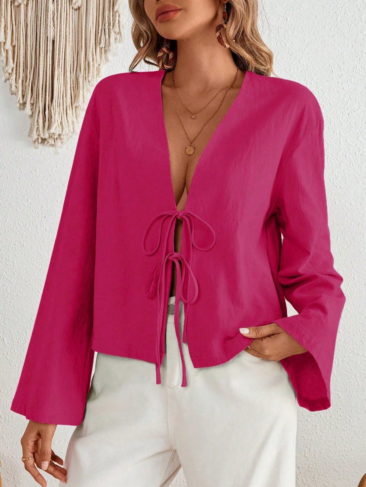 INAWLY Women's Solid Color Front Tie Long Sleeve Casual Blouse Women Shirt