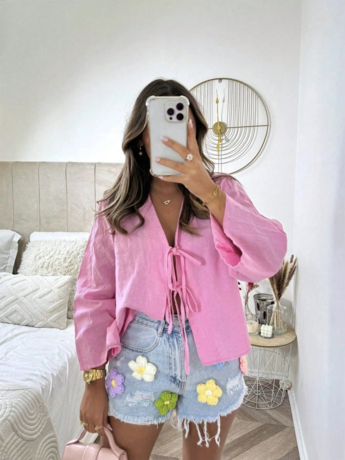 INAWLY Women's Solid Color Front Tie Long Sleeve Casual Blouse Women Shirt