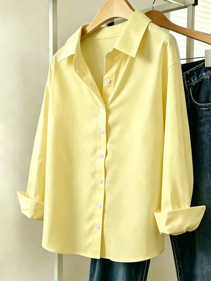 INAWLY Women's Solid Color Long Sleeve Single-Breasted Casual Shirt