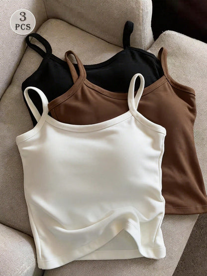 INAWLY Women's Solid Color Summer Casual Fashion Camisole Tank Top 3 PiecesSet