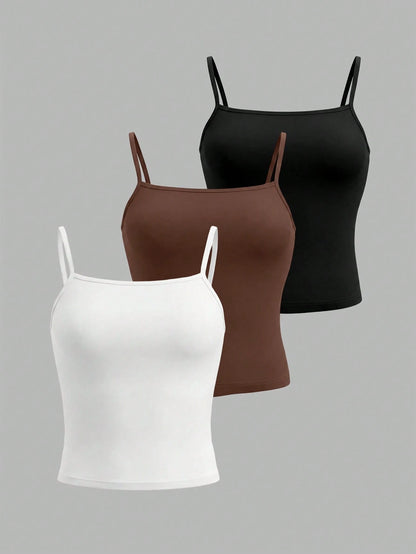 INAWLY Women's Solid Color Summer Casual Fashion Camisole Tank Top 3 PiecesSet