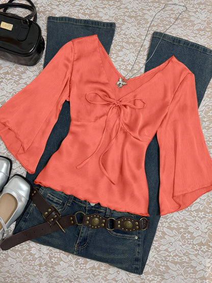 INAWLY Women's Solid Color V-Neck Knotted Casual Versatile Daily Wear Shirt