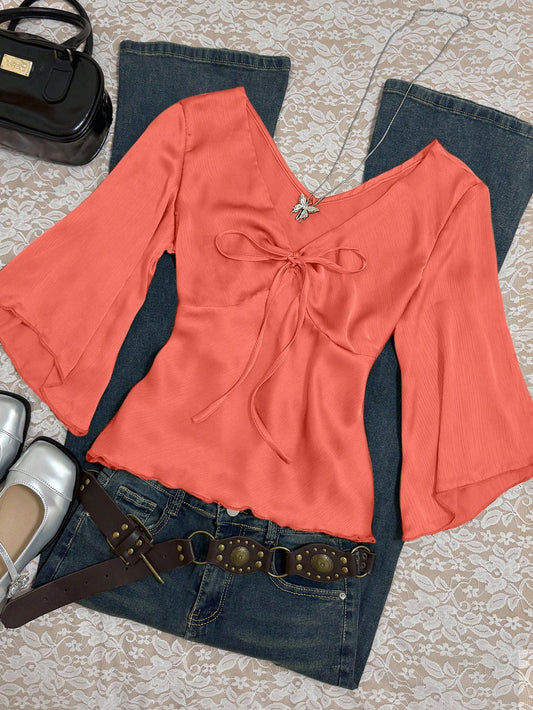 INAWLY Women's Solid Color V-Neck Knotted Casual Versatile Daily Wear Shirt