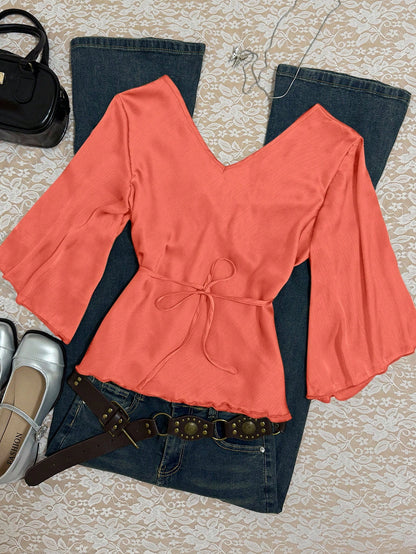 INAWLY Women's Solid Color V-Neck Knotted Casual Versatile Daily Wear Shirt