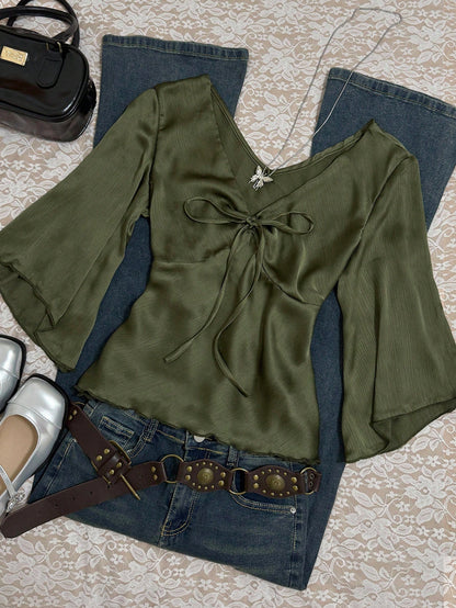 INAWLY Women's Solid Color V-Neck Knotted Casual Versatile Daily Wear Shirt