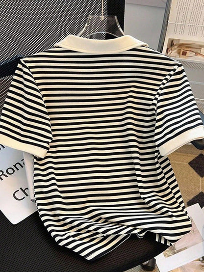 INAWLY Women's Summer Casual Striped Polo Collar Short Sleeve T-Shirt