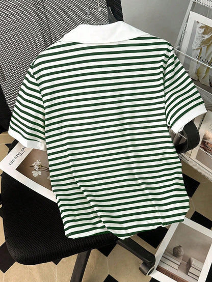 INAWLY Women's Summer Casual Striped Polo Collar Short Sleeve T-Shirt