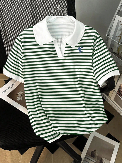 INAWLY Women's Summer Casual Striped Polo Collar Short Sleeve T-Shirt