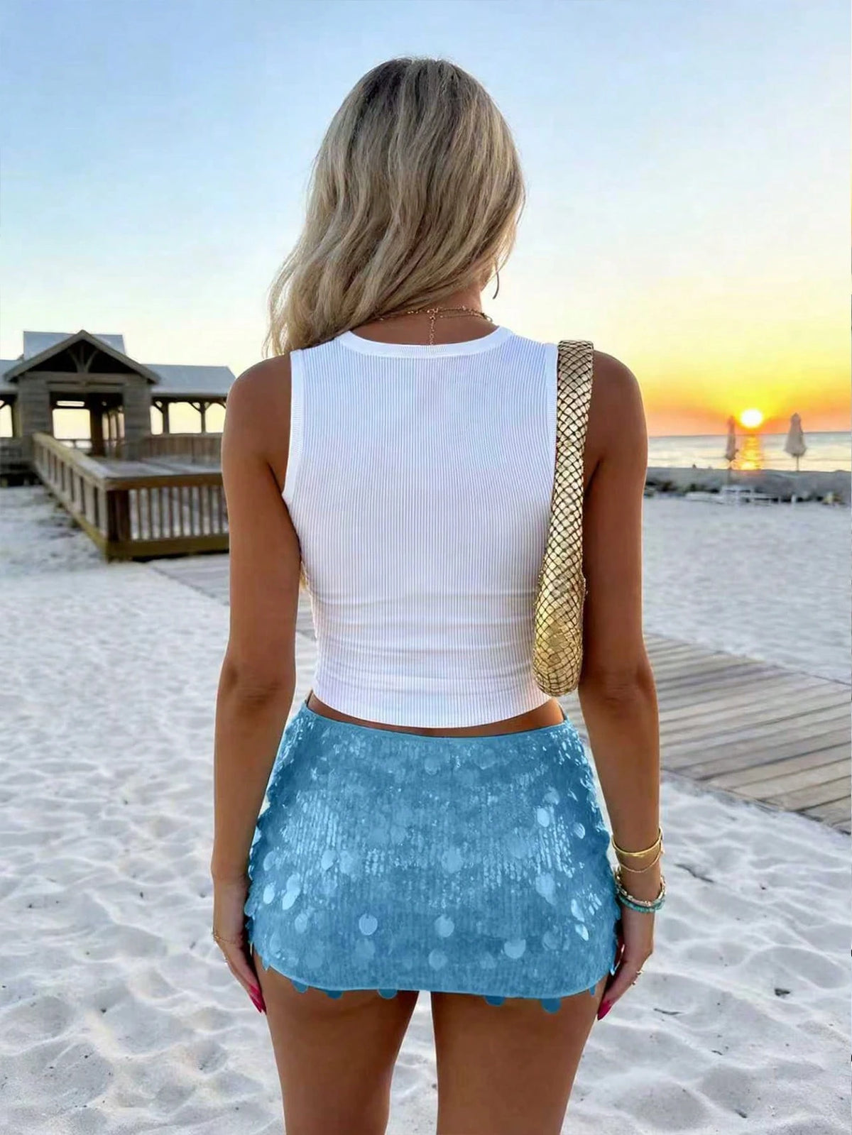 INAWLY Women's Summer Coastal Vacation White Ribbed Hand Beaded Blue Seahorse Halter Neck Tank Top 2026 Going Out Clothes
