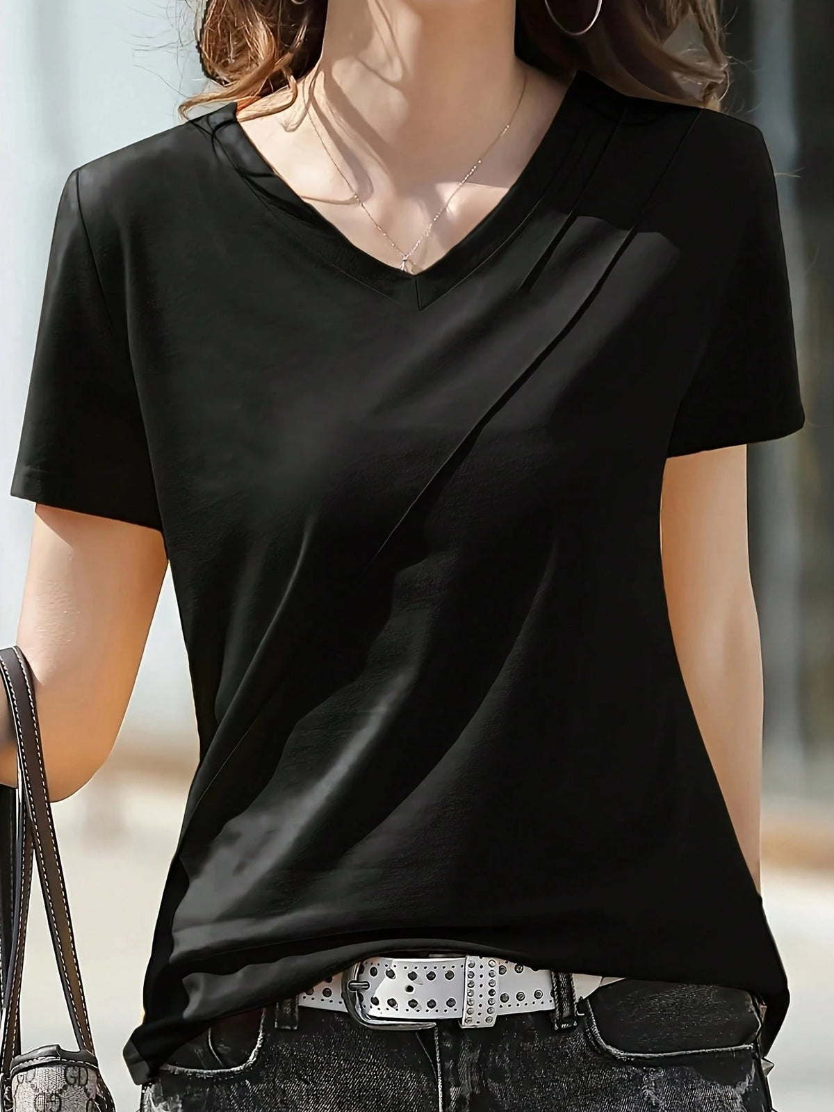 INAWLY Women's Summer Solid Color V-Neck Short Sleeve Casual T-Shirt