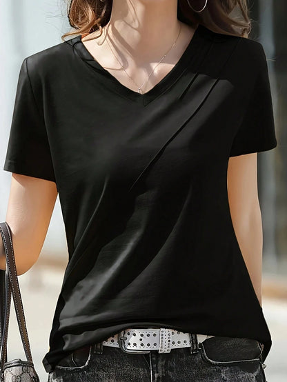INAWLY Women's Summer Solid Color V-Neck Short Sleeve Casual T-Shirt