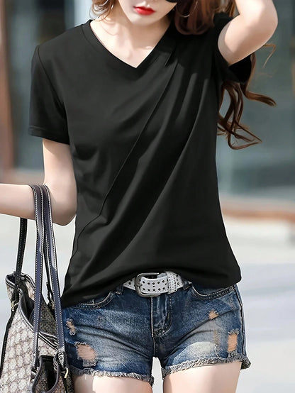 INAWLY Women's Summer Solid Color V-Neck Short Sleeve Casual T-Shirt