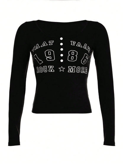 INAWLY Women Spring/Summer Slim Fit Button Front Long Sleeve T-Shirt With Letter Print Graphic Tees Women Tops For Spring Fall For Women