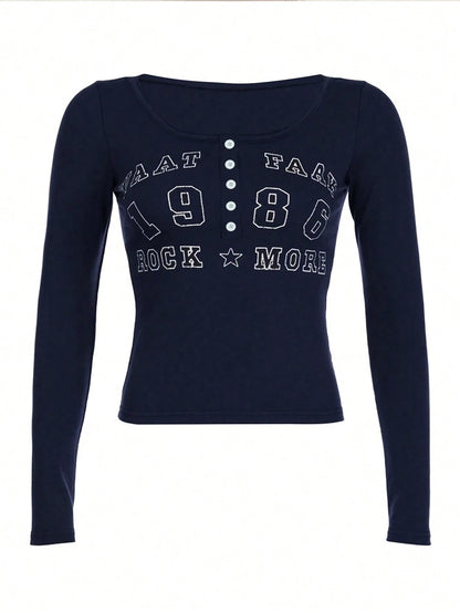INAWLY Women Spring/Summer Slim Fit Button Front Long Sleeve T-Shirt With Letter Print Graphic Tees Women Tops For Spring Fall For Women
