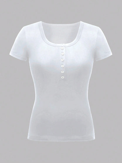 INAWLY Women Summer Short Sleeve T-Shirt With Front Button And Scoop Neckline