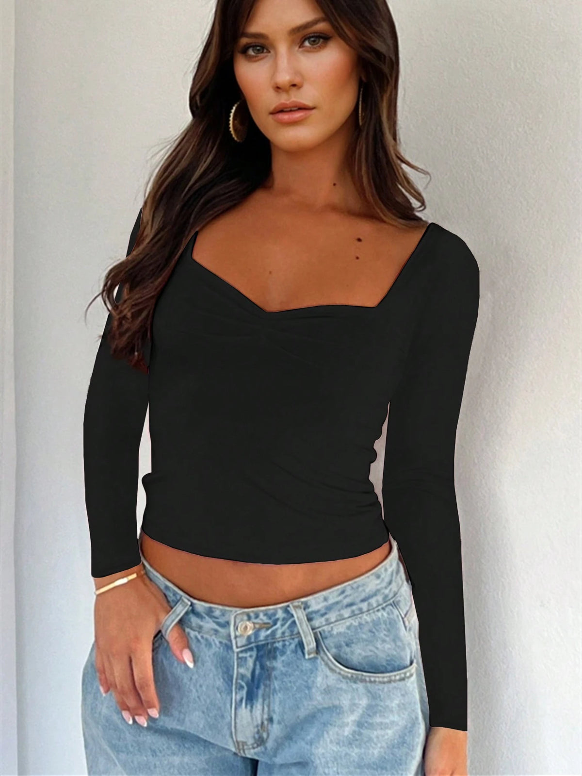 INAWLY Women Sweetheart Neck Long Sleeve Fitted T-Shirt, Autumn Fall Cloth For Women