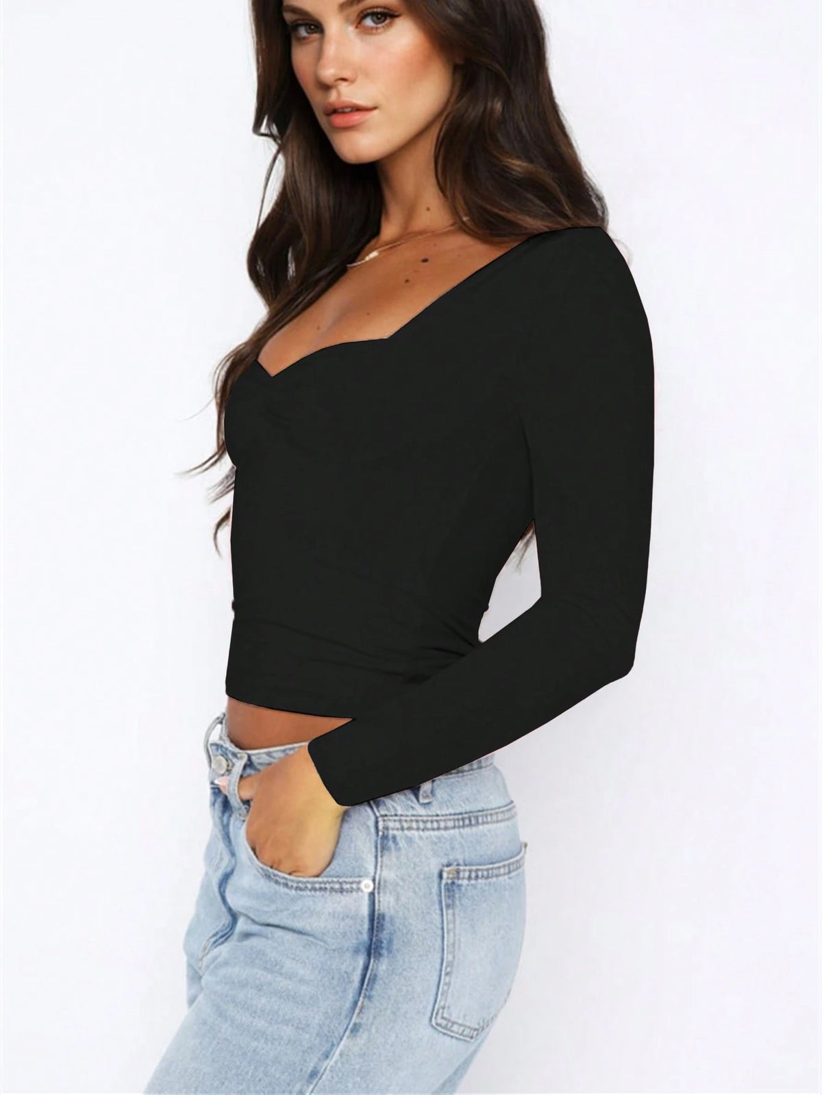 INAWLY Women Sweetheart Neck Long Sleeve Fitted T-Shirt, Autumn Fall Cloth For Women