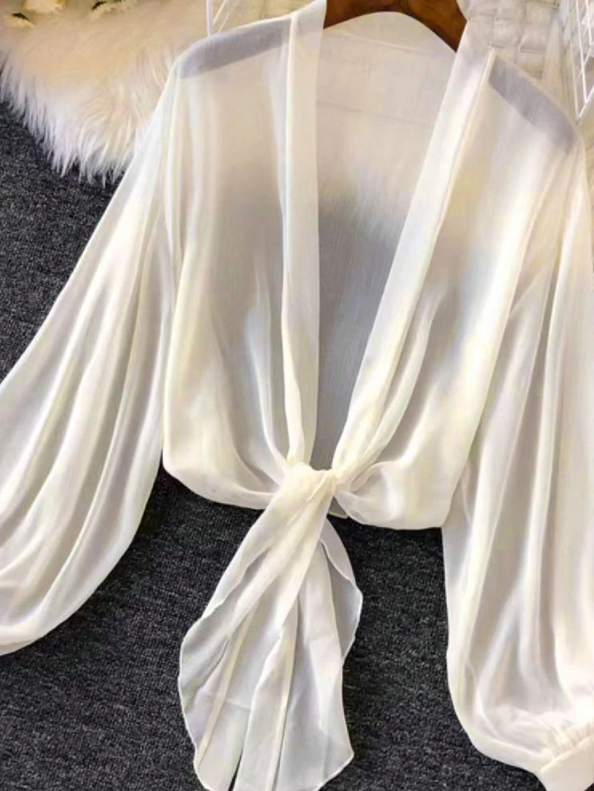INAWLY Women Thin Lantern Sleeve Tie Waist Kimono Blouse For Summer