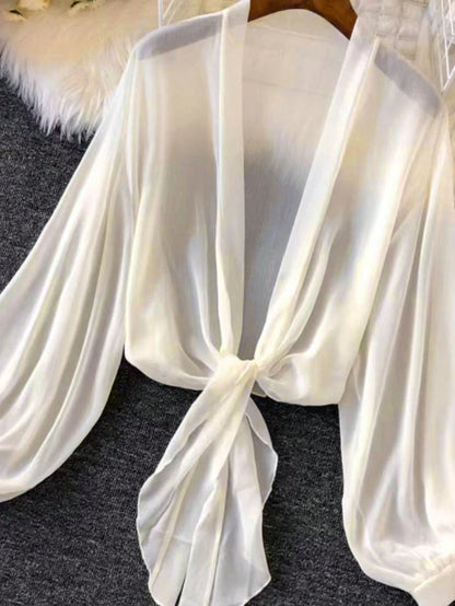 INAWLY Women Thin Lantern Sleeve Tie Waist Kimono Blouse For Summer
