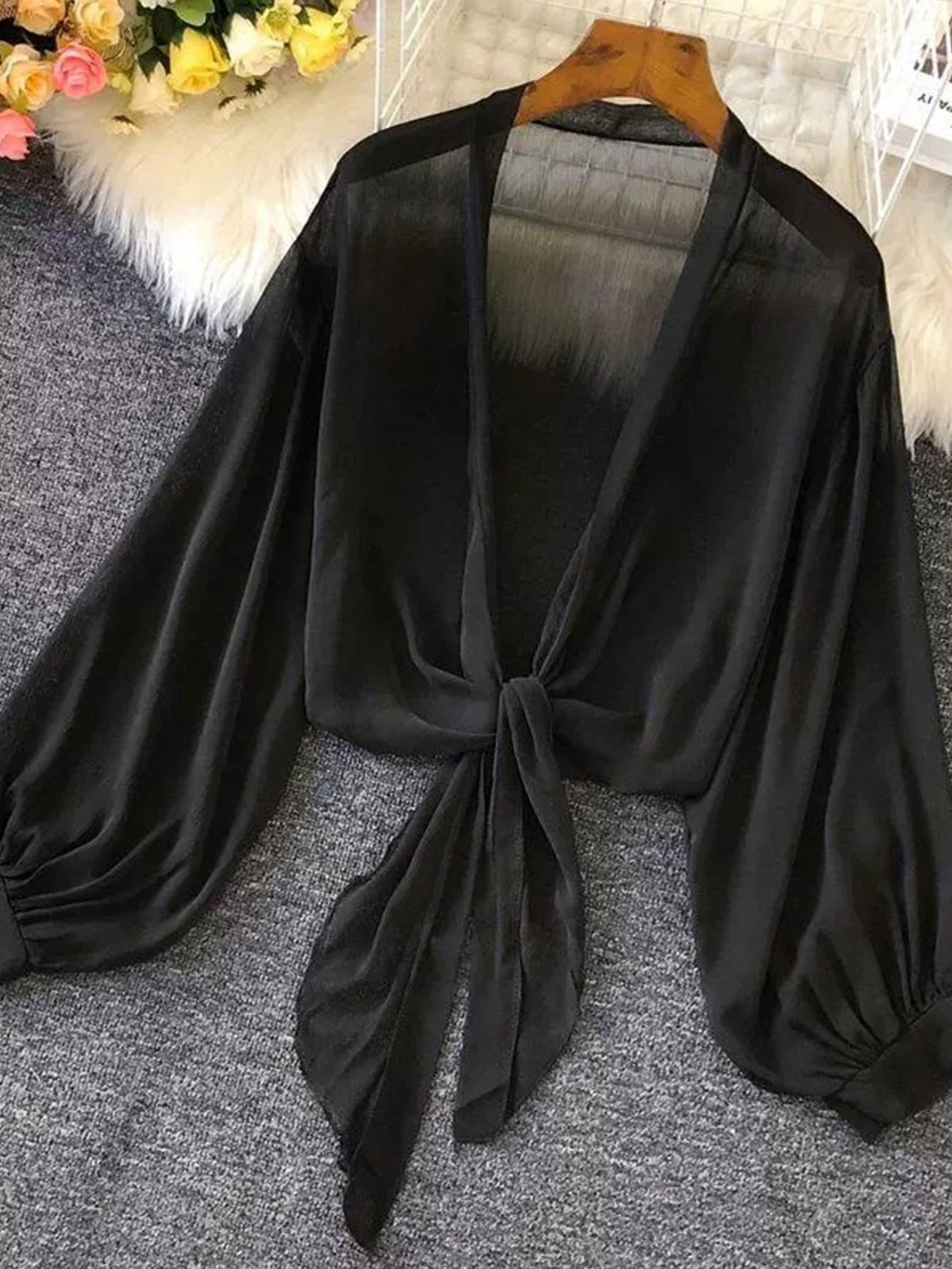 INAWLY Women Thin Lantern Sleeve Tie Waist Kimono Blouse For Summer