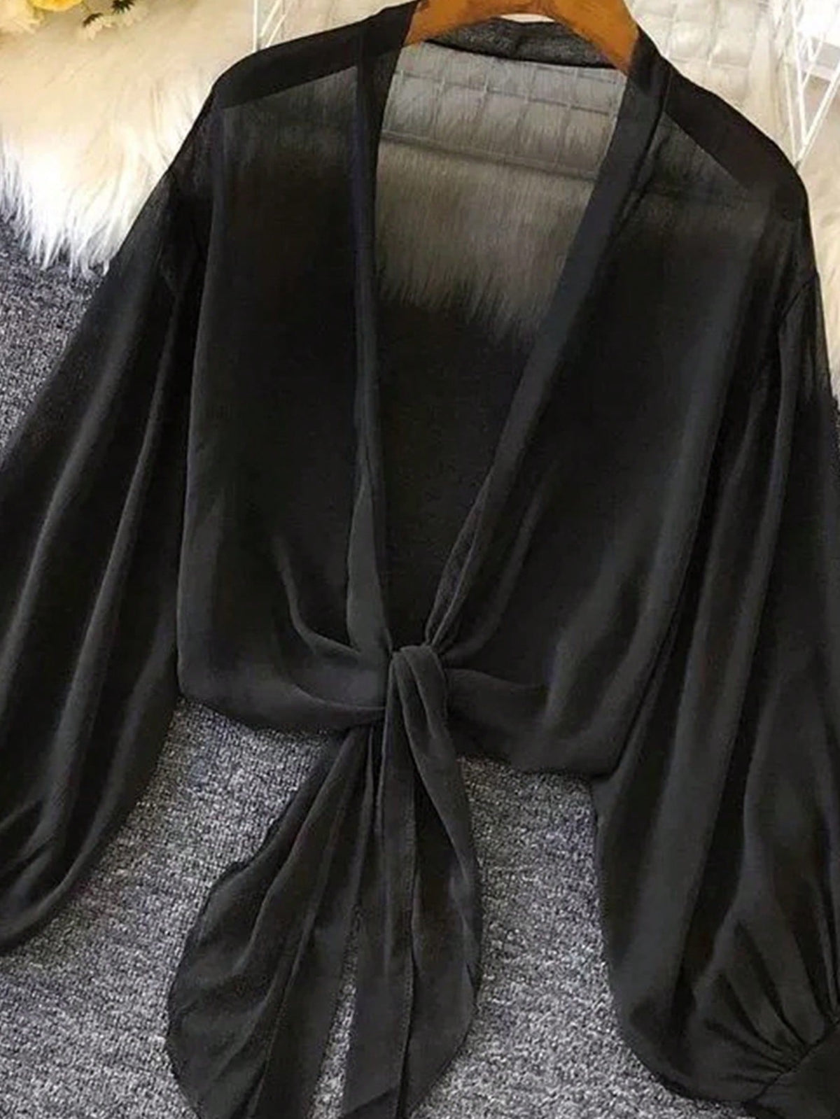 INAWLY Women Thin Lantern Sleeve Tie Waist Kimono Blouse For Summer