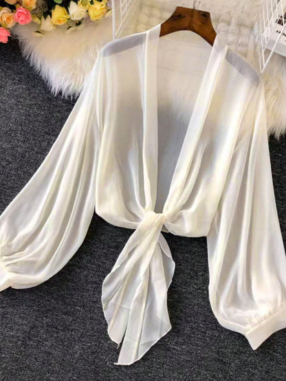 INAWLY Women Thin Lantern Sleeve Tie Waist Kimono Blouse For Summer