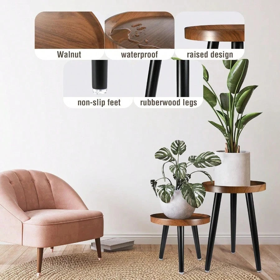 Indoor Plant Stand,Wood Mid Century Plant Table In Walnut Finish,Tall Plant Stand For Flower Pot,Modern Round Small Side End Table With Raised Design (Walnut, 12"X18")