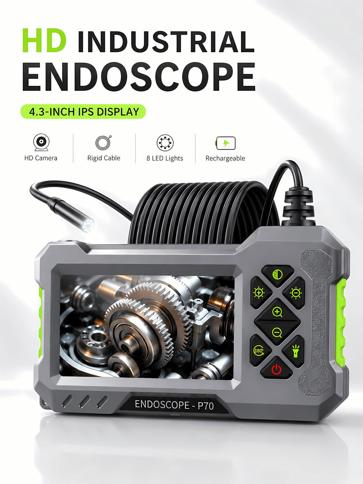 Industrial Endoscope Camera, 4.3" IPS Screen, IP67 Waterproof, 2600mAh Type-C Rechargeable, 5m/16.4ft Cable, With Magnet, Hook, Side Mirror, Suitable For Pipe Inspection, Auto Repair, HVAC, Automotive