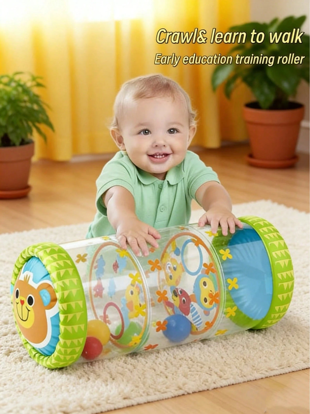 Infant Crawling Toy Encourages Crawling, Green, Blue, Early Development Baby Activity With Rattle And Rolling Ball, Built-In Bell Fun Cute Animal Style Helps Develop Motor Skills, 6 Months, 1 2 3 Year