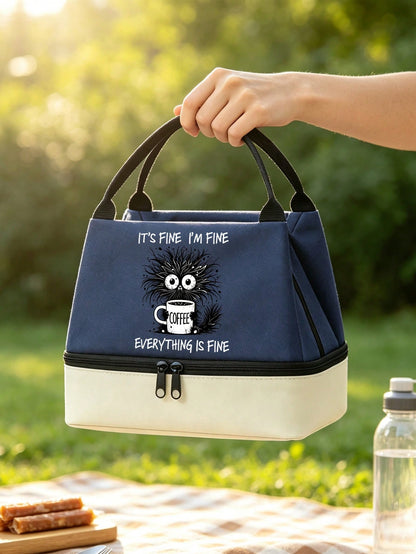 Insulated Lunch Bag With "Everything Is Fine" Pattern, Coffee Cup Design, Funny Coffee Lover Style, Includes Black Utensil Storage Bag, Unisex Double-Layer Leak-Proof Thermal Lunch Box/Bento Bag/Handb