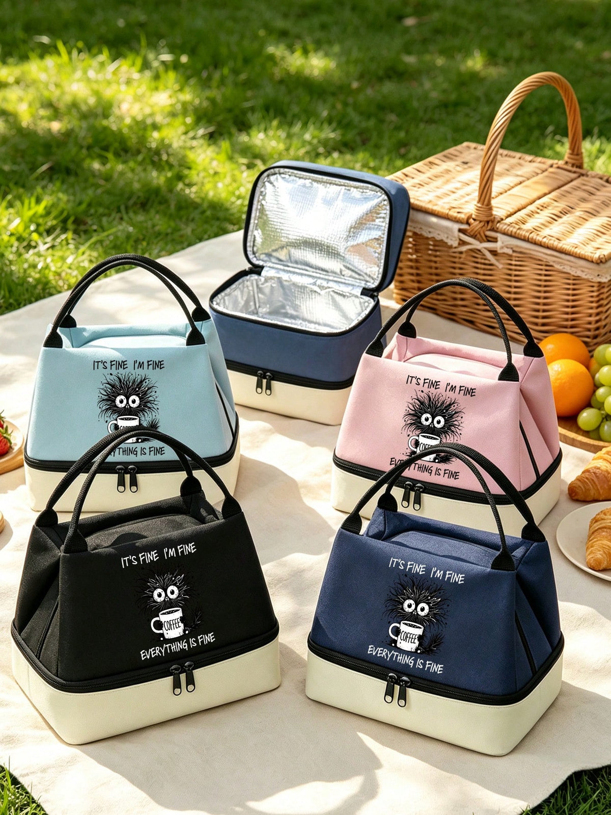Insulated Lunch Bag With "Everything Is Fine" Pattern, Coffee Cup Design, Funny Coffee Lover Style, Includes Black Utensil Storage Bag, Unisex Double-Layer Leak-Proof Thermal Lunch Box/Bento Bag/Handb