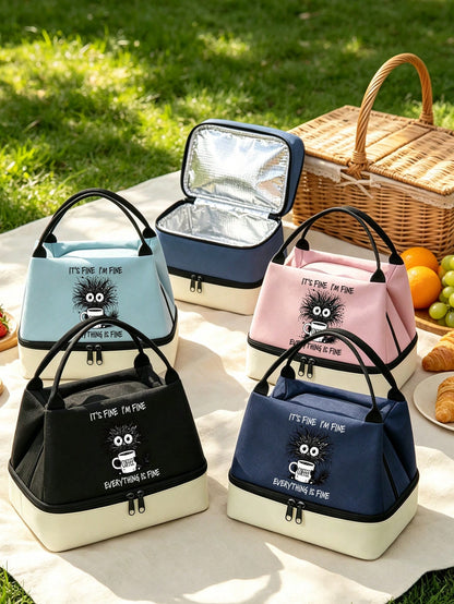 Insulated Lunch Bag With "Everything Is Fine" Pattern, Coffee Cup Design, Funny Coffee Lover Style, Includes Black Utensil Storage Bag, Unisex Double-Layer Leak-Proof Thermal Lunch Box/Bento Bag/Handb