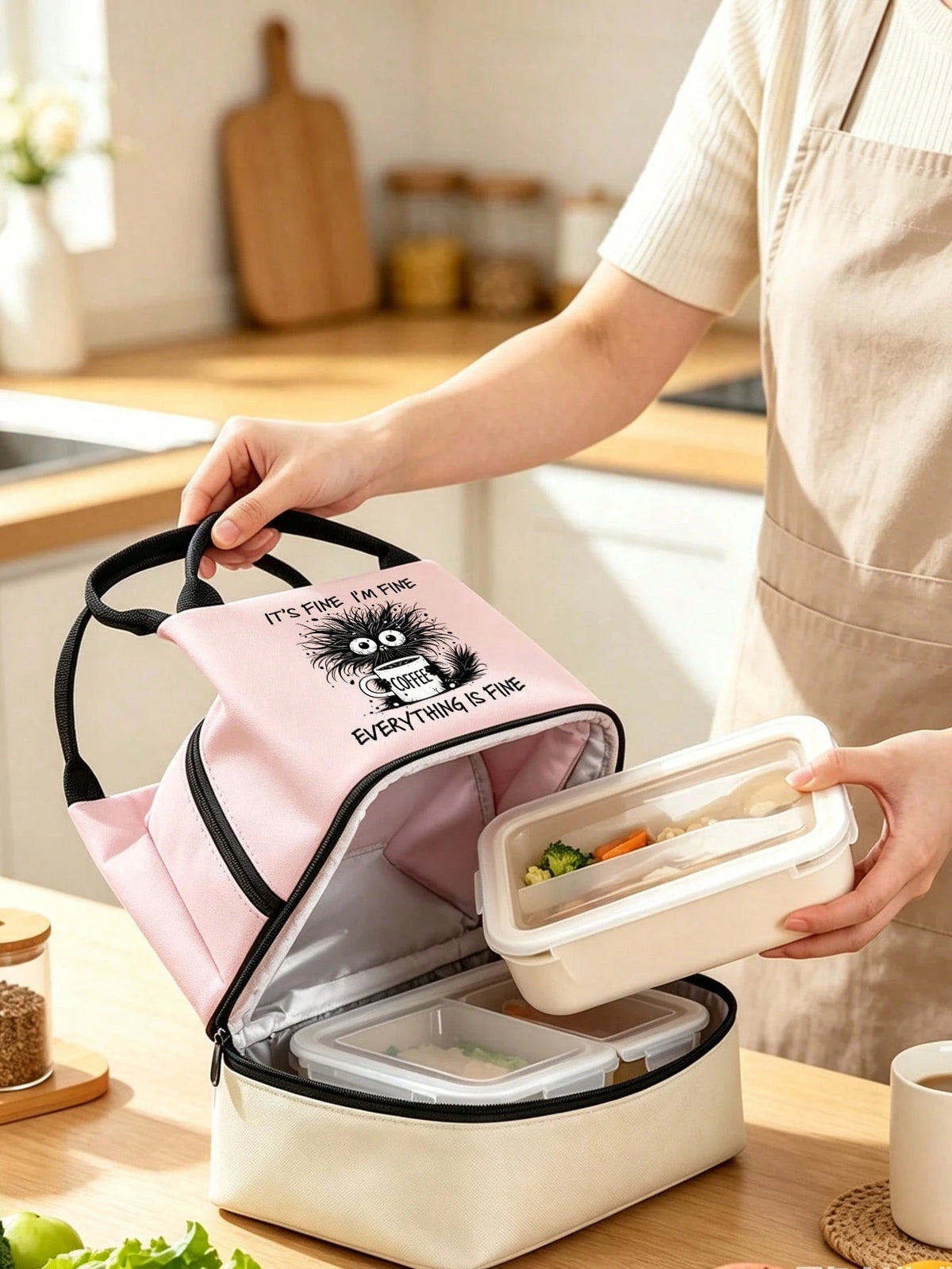 Insulated Lunch Bag With "Everything Is Fine" Pattern, Coffee Cup Design, Funny Coffee Lover Style, Includes Black Utensil Storage Bag, Unisex Double-Layer Leak-Proof Thermal Lunch Box/Bento Bag/Handb