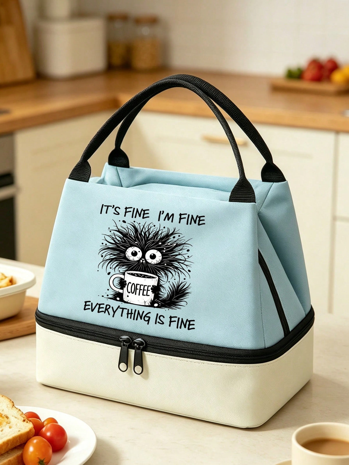 Insulated Lunch Bag With "Everything Is Fine" Pattern, Coffee Cup Design, Funny Coffee Lover Style, Includes Black Utensil Storage Bag, Unisex Double-Layer Leak-Proof Thermal Lunch Box/Bento Bag/Handb