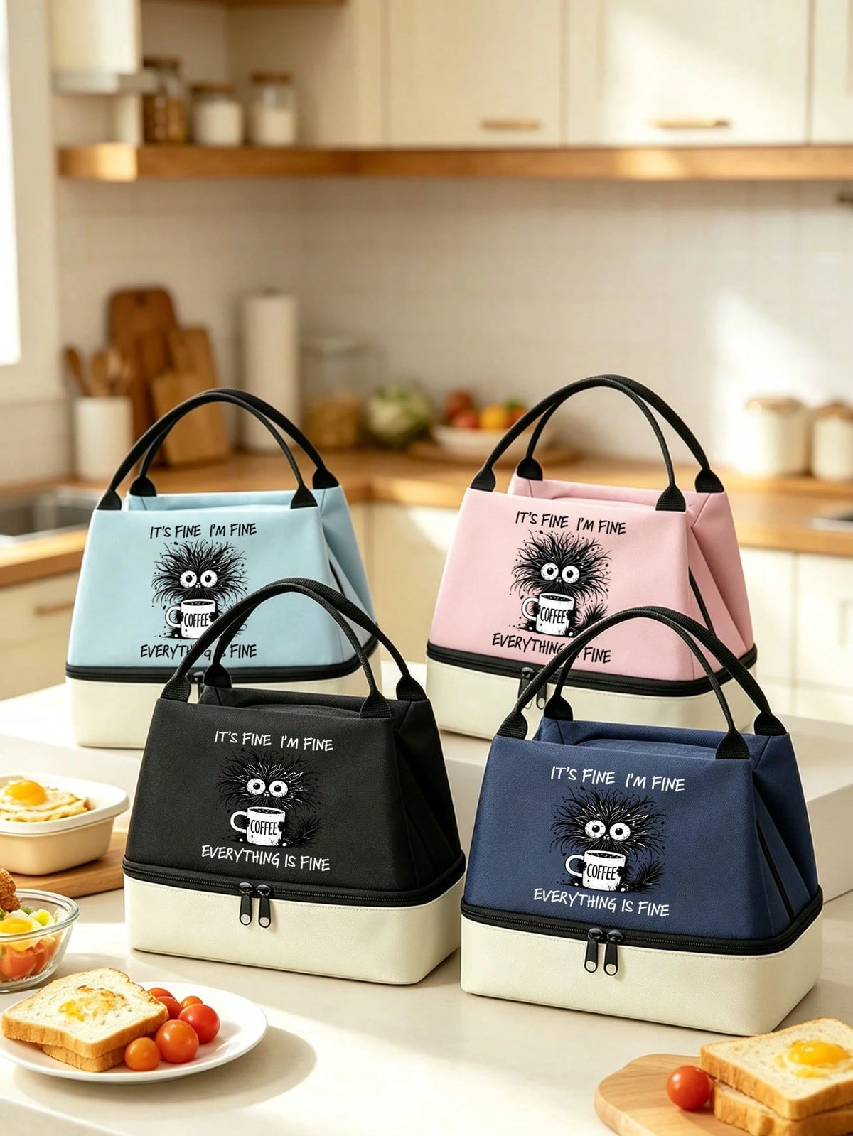 Insulated Lunch Bag With "Everything Is Fine" Pattern, Coffee Cup Design, Funny Coffee Lover Style, Includes Black Utensil Storage Bag, Unisex Double-Layer Leak-Proof Thermal Lunch Box/Bento Bag/Handb