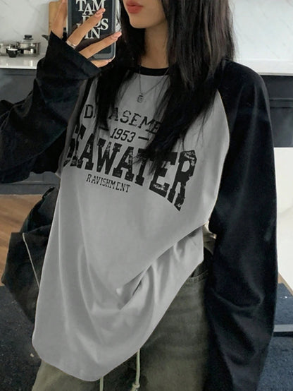 IslaSuriya Women Spring/Summer Loose Casual T-Shirt, Long Sleeves, Contrast Shoulder, Letter Print Graphic Tees Women Tops For Spring Fall For Women