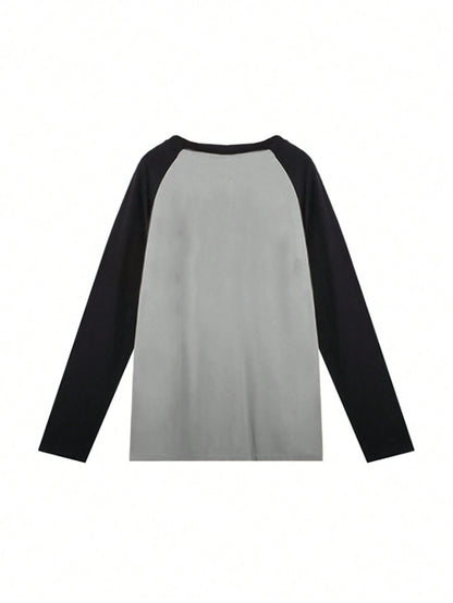 IslaSuriya Women Spring/Summer Loose Casual T-Shirt, Long Sleeves, Contrast Shoulder, Letter Print Graphic Tees Women Tops For Spring Fall For Women