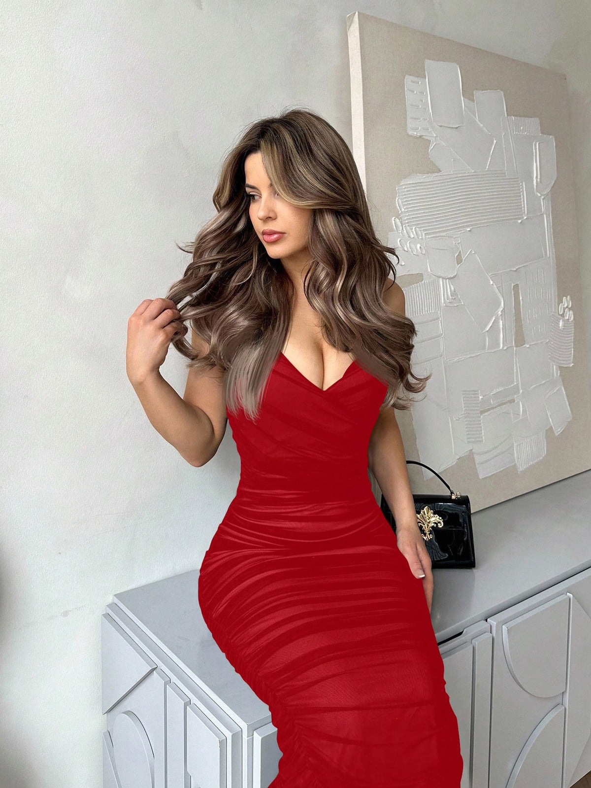 Jemour Prom Dress;Women's Deep V-Neck Spaghetti Strap Bodycon Midi Knitted Dress