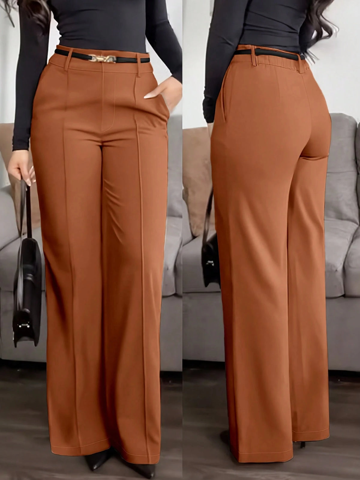 Jisfaneya Women's (No Belt) Solid-Color Pants With Side Pockets And Zippers-Elegant And Casual For The Office And Commute Brown