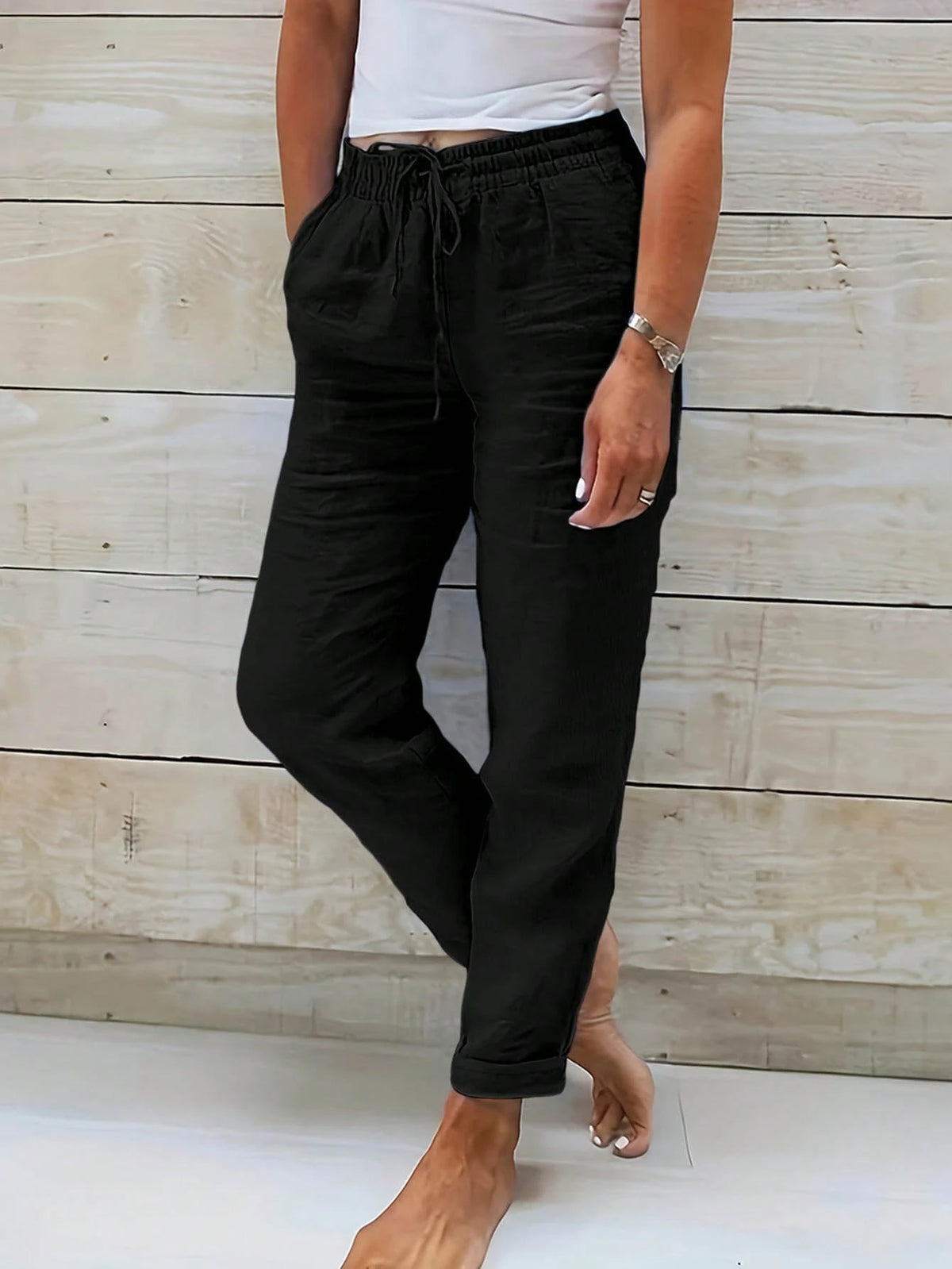 Jisfaneya Women's Solid-Color Drawstring Waist Casual Pants With Pockets