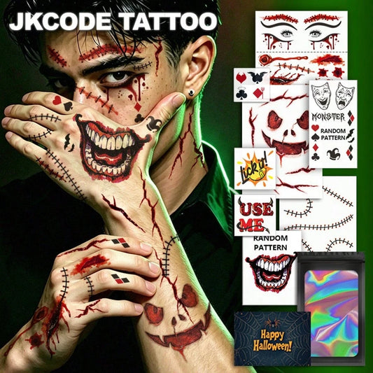 JKCODE TATTOO 10 Sheets Halloween Costume Clown Tattoo Kit| Funny Costume Tattoo Kit, Halloween Temporary Tattoos, Stitches And Scars Halloween Makeup Stickers, Costume Accessory For Men Women,Punk C