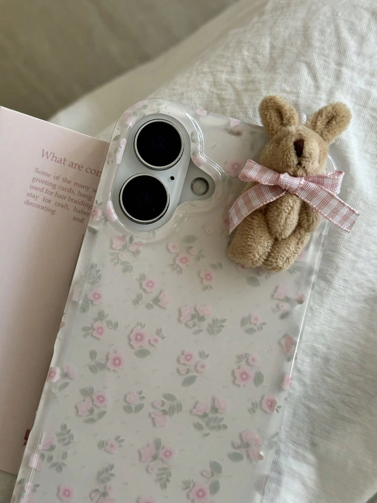 Joivida 1pc Youthful And Adorable Girl Floral White Classic Full-Coverage Soft Phone Case + Three-Dimensional Pink Lattice Bow Brown Rabbit, Compatible With IPhone 17 Air 16 15 14 13 12 11 Pro Max Plu
