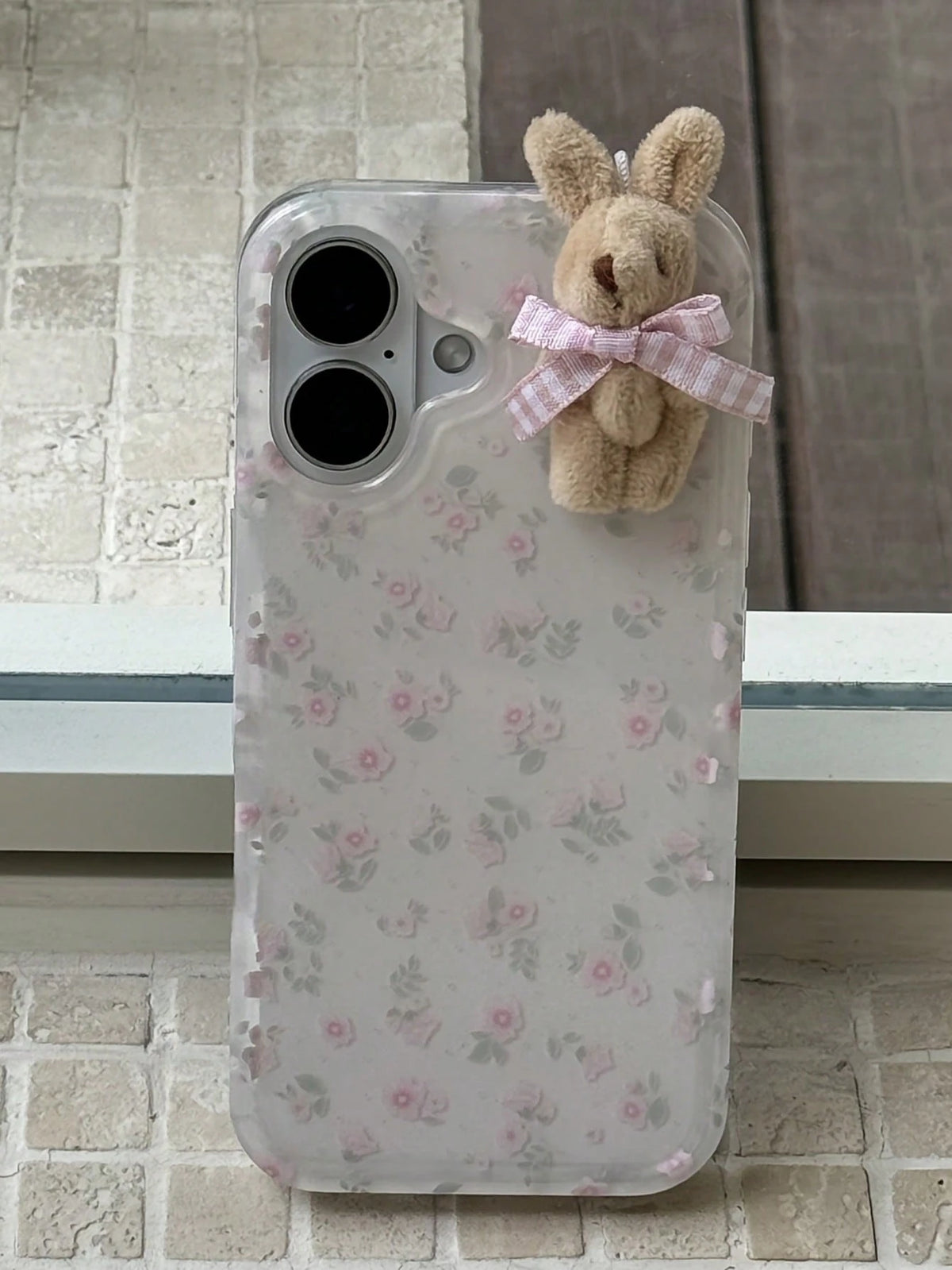 Joivida 1pc Youthful And Adorable Girl Floral White Classic Full-Coverage Soft Phone Case + Three-Dimensional Pink Lattice Bow Brown Rabbit, Compatible With IPhone 17 Air 16 15 14 13 12 11 Pro Max Plu