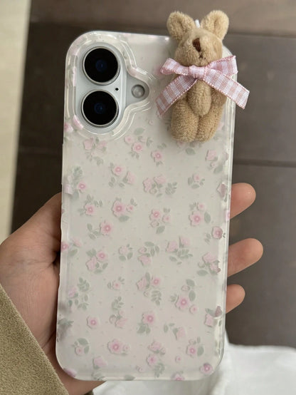 Joivida 1pc Youthful And Adorable Girl Floral White Classic Full-Coverage Soft Phone Case + Three-Dimensional Pink Lattice Bow Brown Rabbit, Compatible With IPhone 17 Air 16 15 14 13 12 11 Pro Max Plu