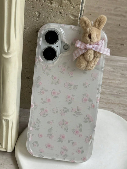 Joivida 1pc Youthful And Adorable Girl Floral White Classic Full-Coverage Soft Phone Case + Three-Dimensional Pink Lattice Bow Brown Rabbit, Compatible With IPhone 17 Air 16 15 14 13 12 11 Pro Max Plu