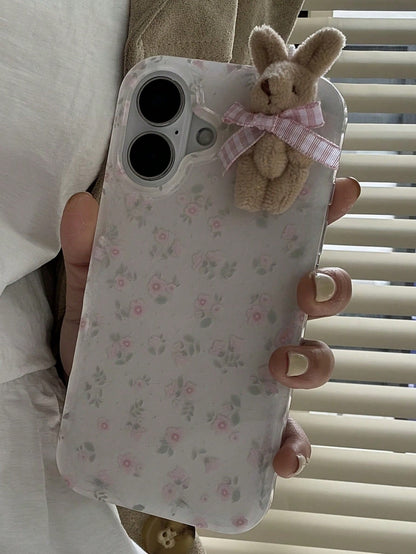 Joivida 1pc Youthful And Adorable Girl Floral White Classic Full-Coverage Soft Phone Case + Three-Dimensional Pink Lattice Bow Brown Rabbit, Compatible With IPhone 17 Air 16 15 14 13 12 11 Pro Max Plu